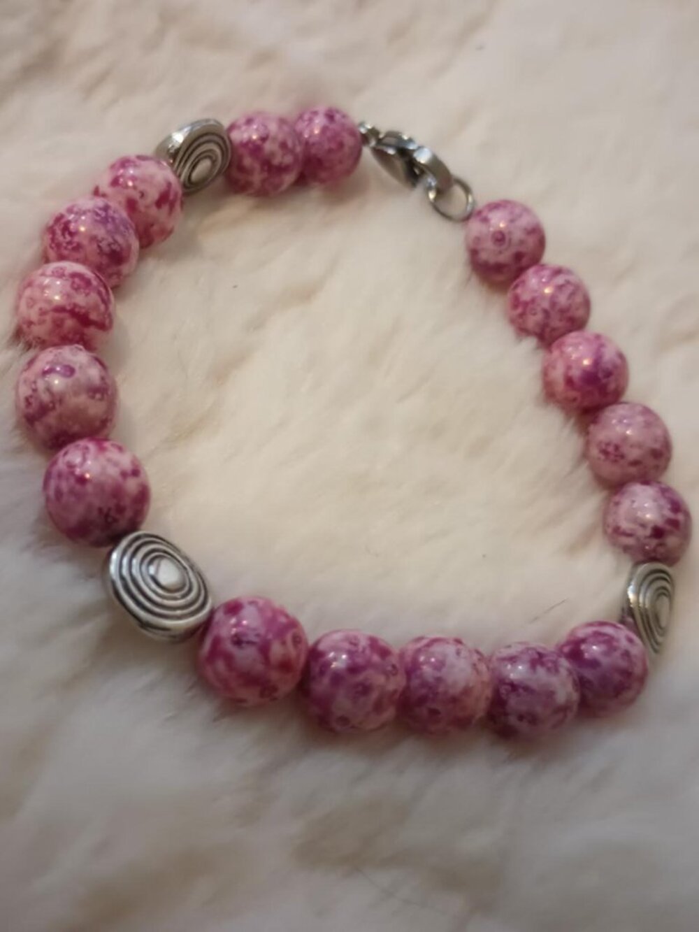 Czech Glass Pink Color Beaded Bracelet Stainless Steel Clasp Handmade 6.75 inche